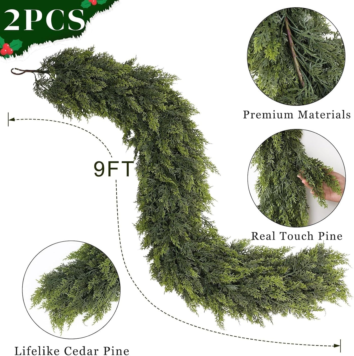 Real Touch Cedar Garland - Artificial Christmas Garlands Faux Green Cedar Fake Pine Needles Garland for Fireplace,Table, Stairs, Mantle, Window,Indoor Outdoor,Home,Holiday Decor(2 PCS,9 FT)