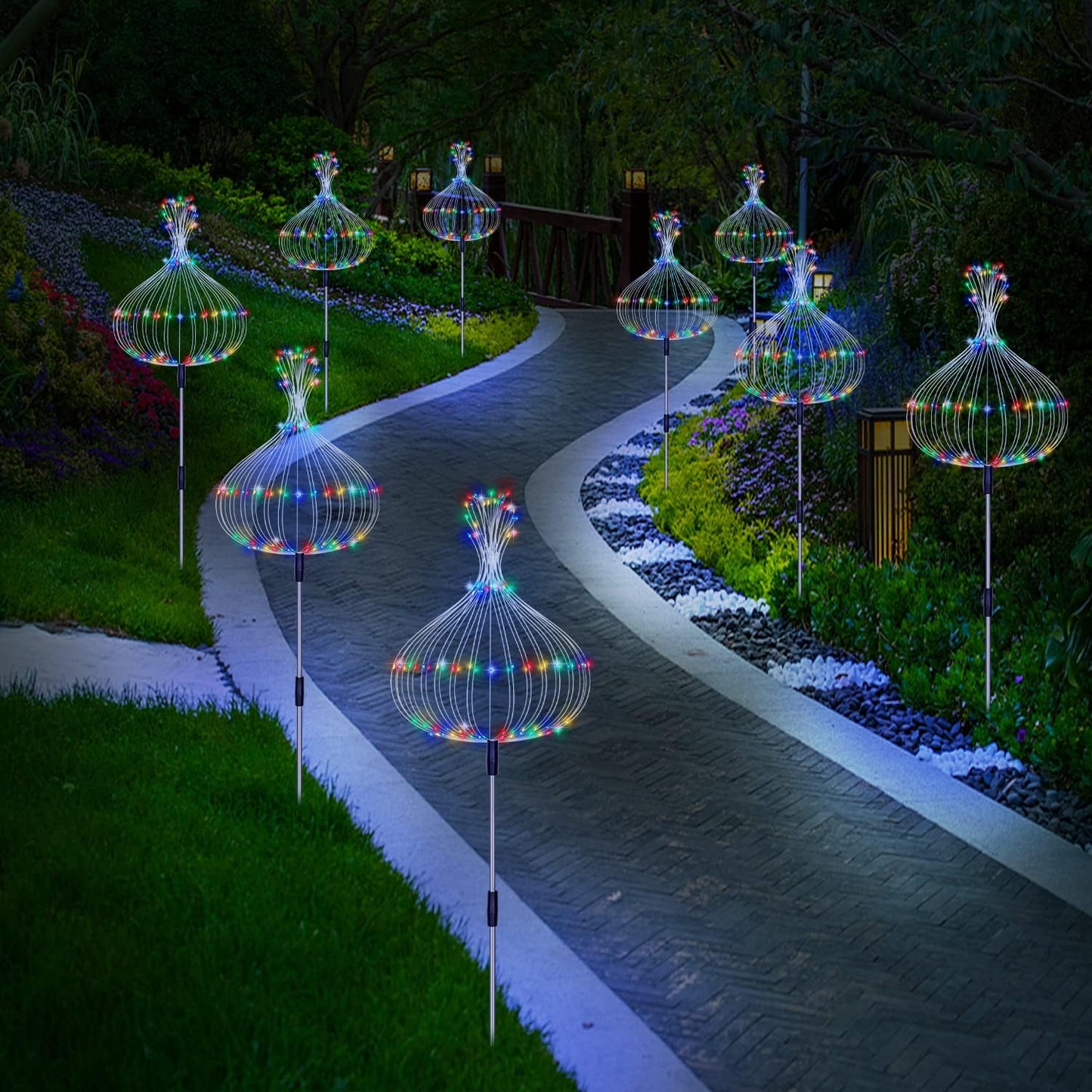 Solar Garden Firework Lights Outdoor 8 Pack, 8 Modes, 120 LED Waterproof Copper Wire DIY Solar Decorative Lights with Remote Control, for Yard Pathway Party Decor