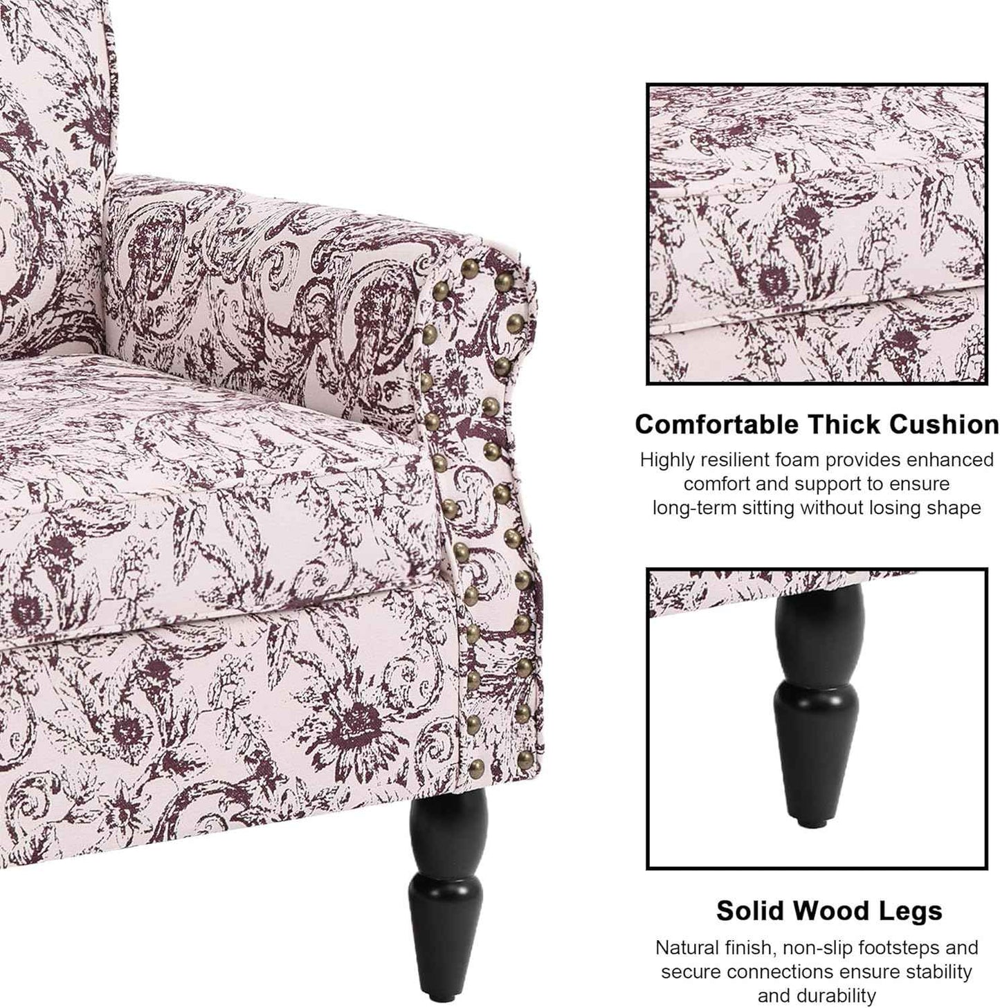 Accent Chair, Upholstered High Back Floral Armchair with Nailhead Trim & Wood Legs, Comfy Wingback Reading Single Sofa Chair for Small Spaces, Living Room, Bedroom (Rococo Black, Set of 1)