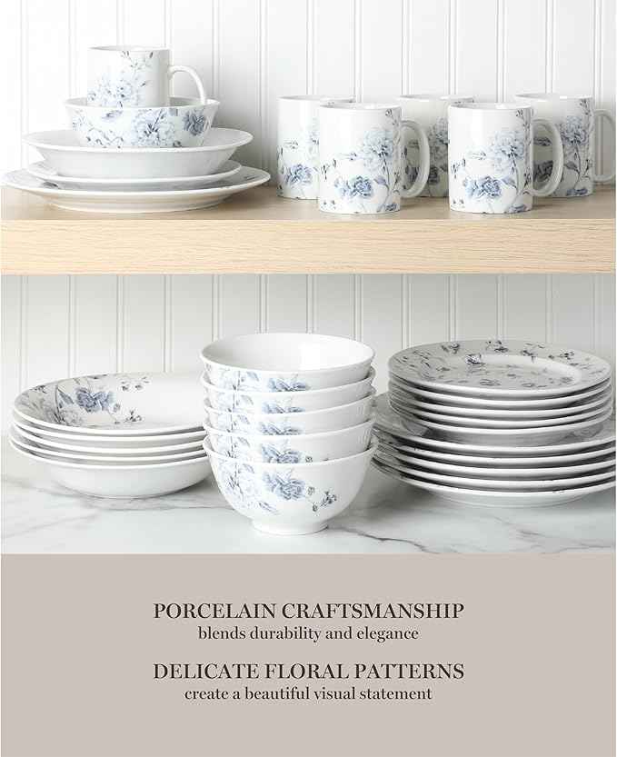 Martha Stewart Empress Bouquet 30 Piece Decorated Porcelain Chip and Scratch Resistant Dinnerware Plates and Bowls Set - Blue Floral