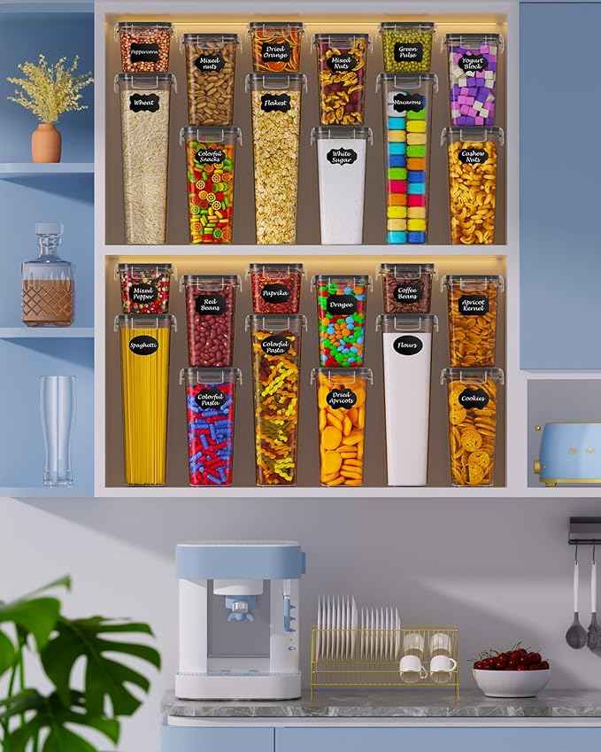 Airtight Food Storage Containers with Lids, 15 PCS Kitchen and Pantry Organization Canisters, BPA-Free, PVC-Free, Food-grade Plastic Leak-proof Jars for Cereal, Flour, Sugar, Extra 24 Labels & Marker