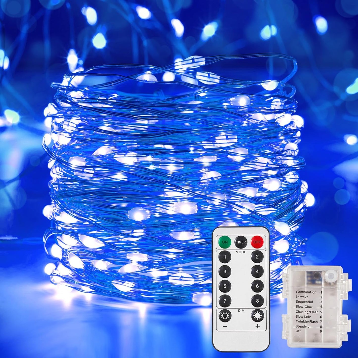 4 Pack 65.6 Ft. Battery Operated Outdoor String Lights with Remote & Timer, LED Blue Fairy Lights, Waterproof Twinkle Lights for Bedroom, Dorm, Mason Jar, Wedding, Party, Christmas