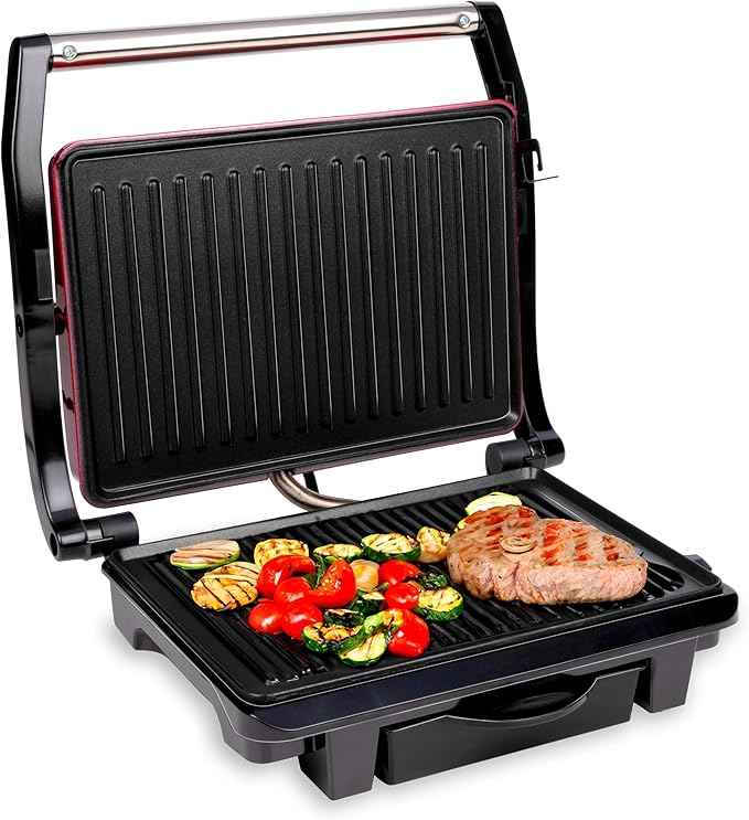 ALPINA 8711252252773 Contact Grill - 230V/1000W - Sandwich maker - Panini Grill - Vegetable, Bread and Meat - Non-stick - Drip tray - Black/Red