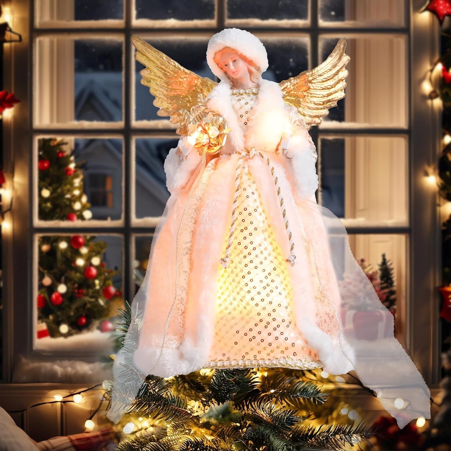 Angel Tree Topper with Lights, 12 Inch Christmas Tree Topper Angel Figurine with Lyre Christmas Tree Angel Treetop for Indoor Home Holiday Party, Champagne Gold