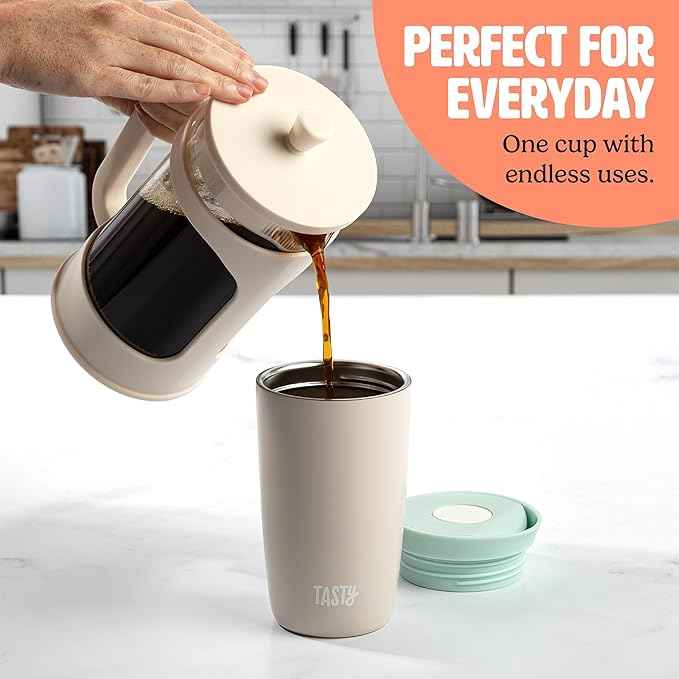 Tasty 12oz Insulated Stainless Steel Push Mug, Leak-Proof Lid with One-Hand Open/Close Button, Travel Coffee Cup, Double Wall Vacuum Flask, Cream