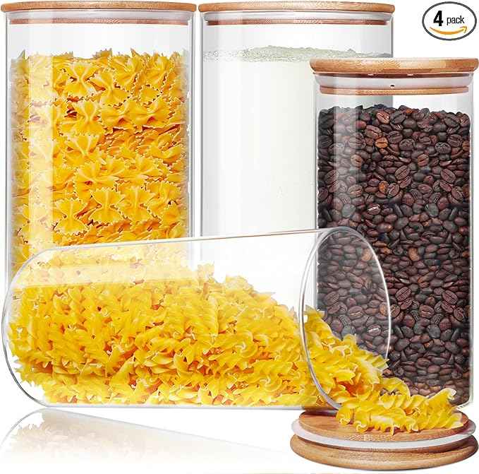 HomArtist Large Glass Flour and Sugar Containers 180oz x2 & 93oz x2 [Set of 4], Glass Food Storage Containers with Bamboo Lids, Glass Jar with Airtight Lid for Spaghetti Pasta,Rice,Cereal,Coffee, Oat