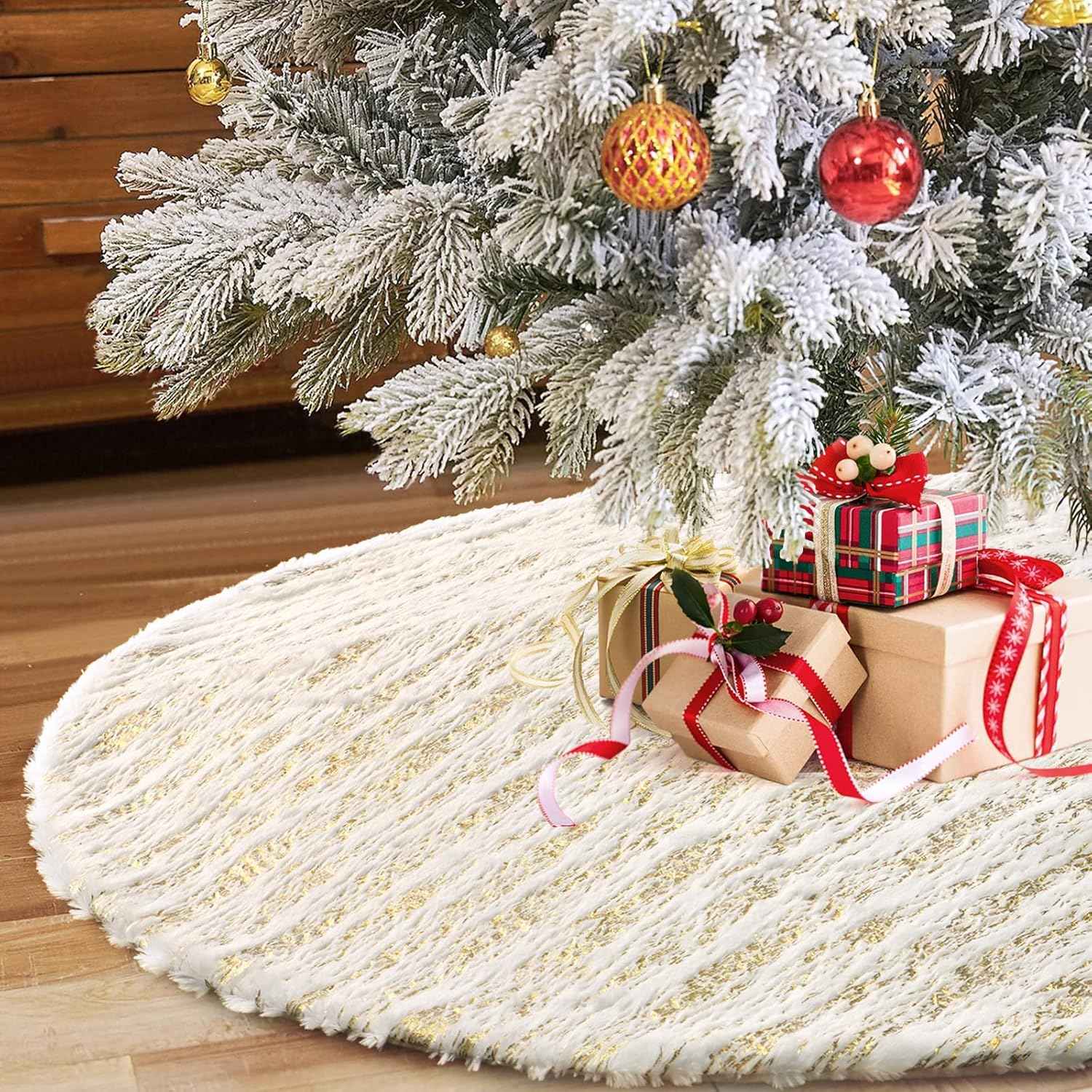 Christmas Tree Skirt, Large White&Gold Bronzing Luxury Faux Fur Tree Skirt Soft Thick Plush Xmas Tree Skirt for Family Holiday Christmas Party Tree Decorations(Gold,36inch/90cm)