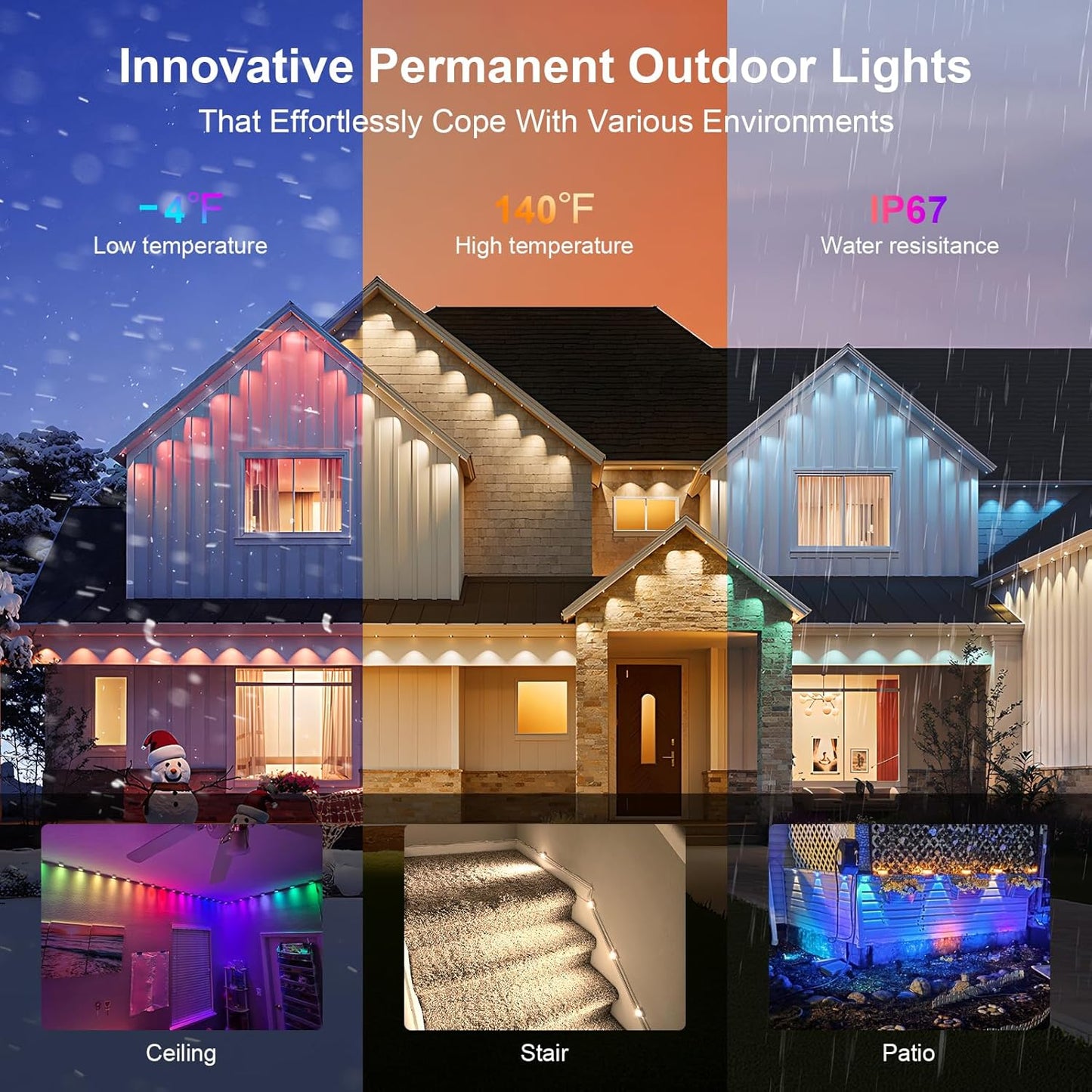 Super RGB Permanent Outdoor Lights 50FT, Smart RGB+IC Eave Lights with Remote APP Control, DIY LED Color Individual, White & Colorful Christmas String Light, IP67 Waterproof for House Outside Decor
