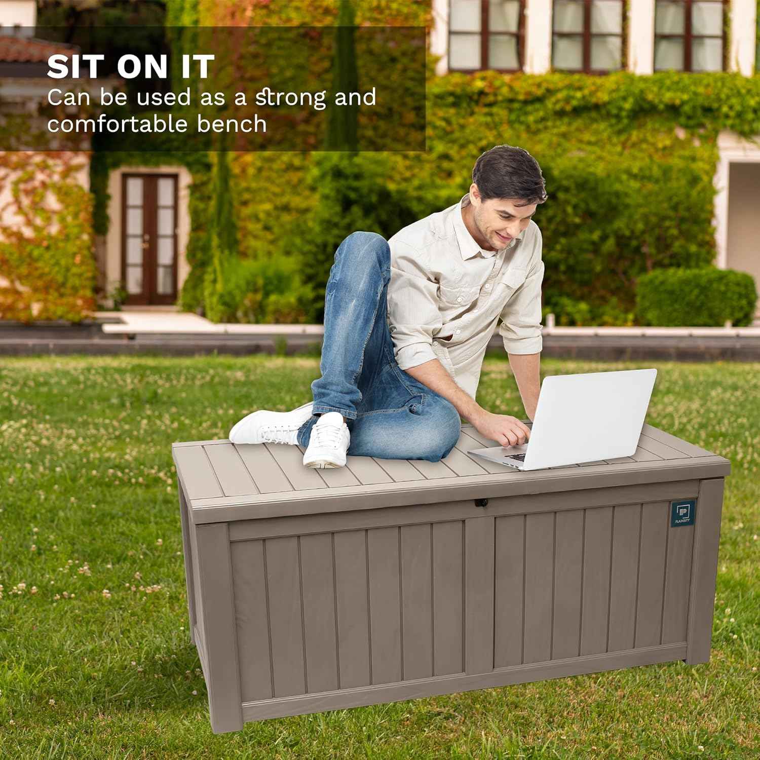 120 Gallon Large Outdoor Storage Box, Durable Deck Boxes Outdoor Waterproof, Resin Waterproof Deck Box for Patio Furniture Outdoor Cushions Garden Tools and Pool Storage (Light Brown, 120Gallon)