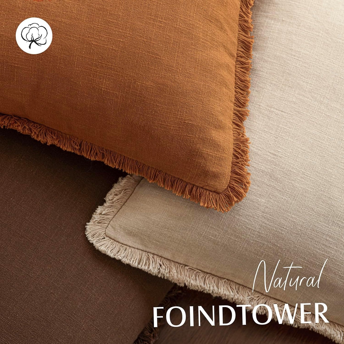 Foindtower Set of 2 Decorative Linen Fringe Throw Pillow Covers Cozy Boho Farmhouse Cushion Cover with Tassels Soft Accent Pillowcase for Couch Sofa Bed Living Room Home Decor, 22×22 Inch, Orange