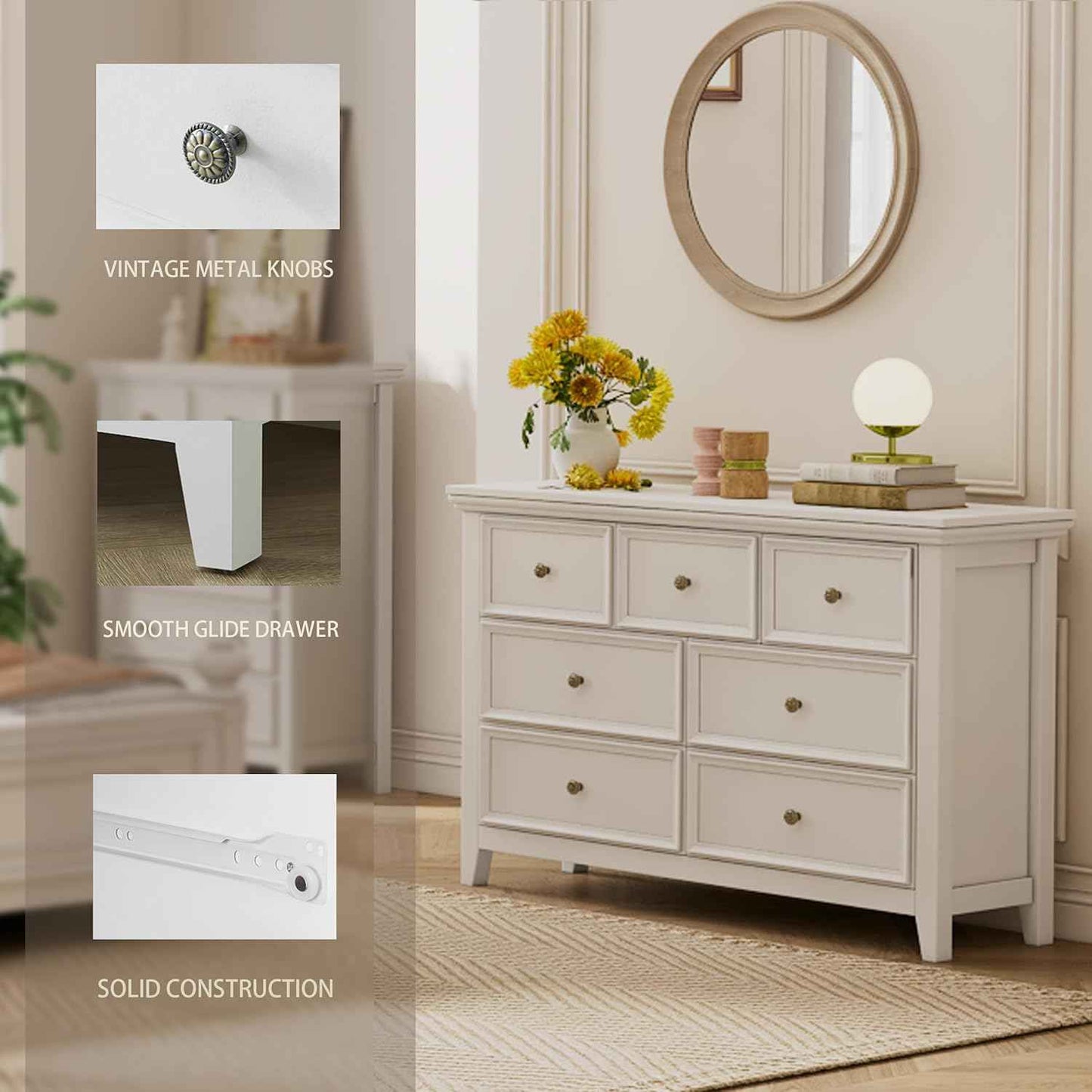 BLANKSPACE White 7 Drawer Dresser, Modern Dresser for Bedroom, Wood Drawer Organizer with Metal Knobs, Large Capacity Wood Cabinet for Bedroom, Hallway