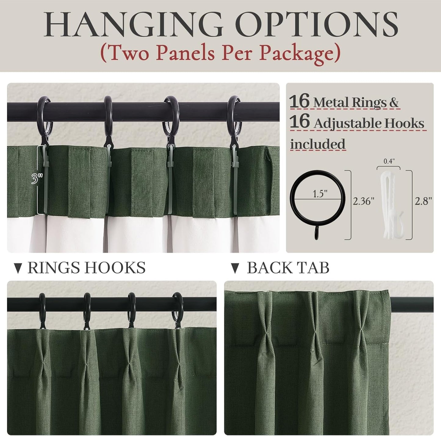 Olive Green Linen Curtains for Living Room, 86 inch Pinch Pleated Drapes with Hooks Back Tab Blackout Privacy Boho Home Decor, Forest/Hunter Green Window Curtains 86 inches Long for Bedroom 2 Panels