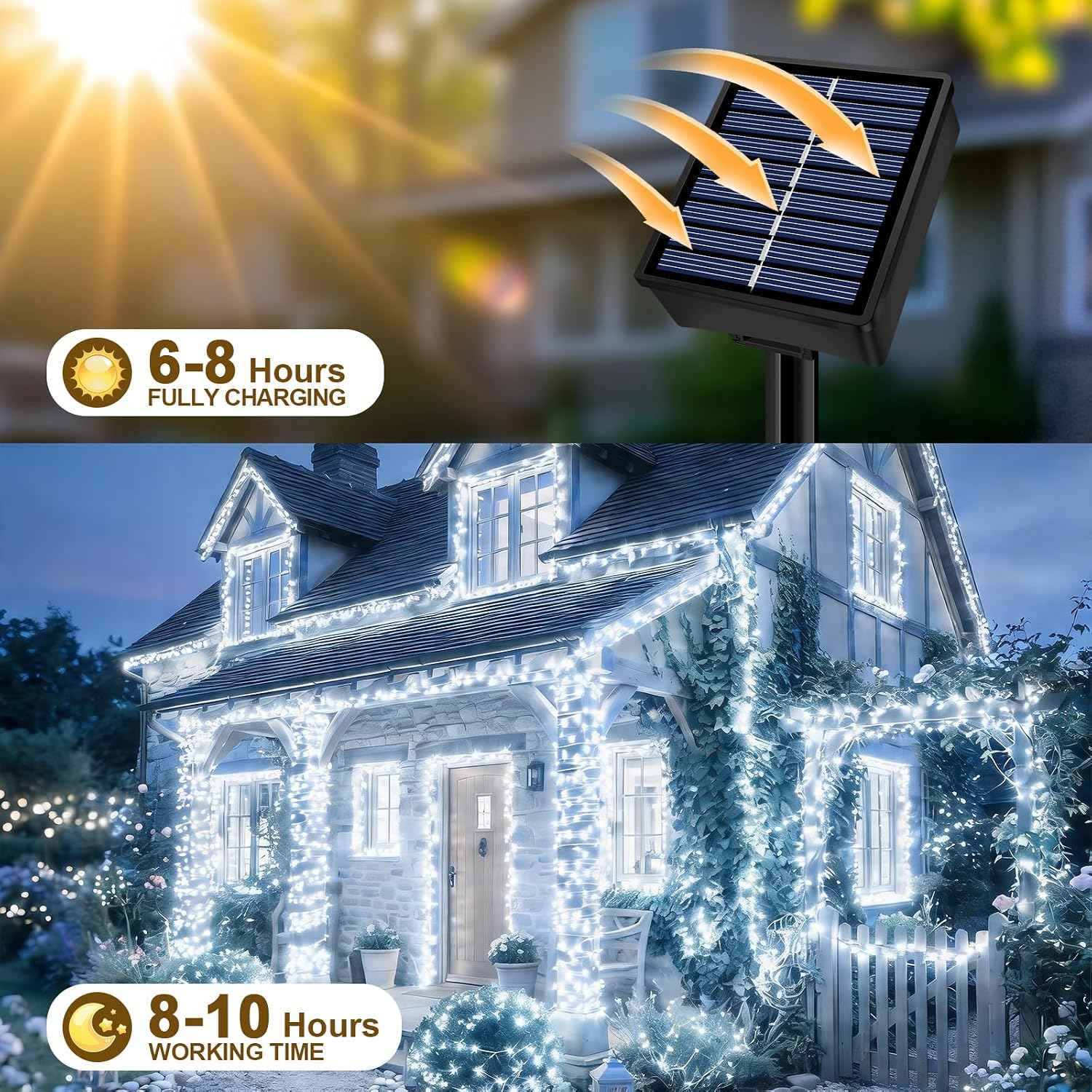 Solar String Lights 2 Pack Total 66FT 200LED Solar Fairy Lights Outdoor Waterproof 8 Lighting Modes Twinkle Lights for Patio, Garden Yard Party Wedding Tree Christmas Halloween Decoration, White