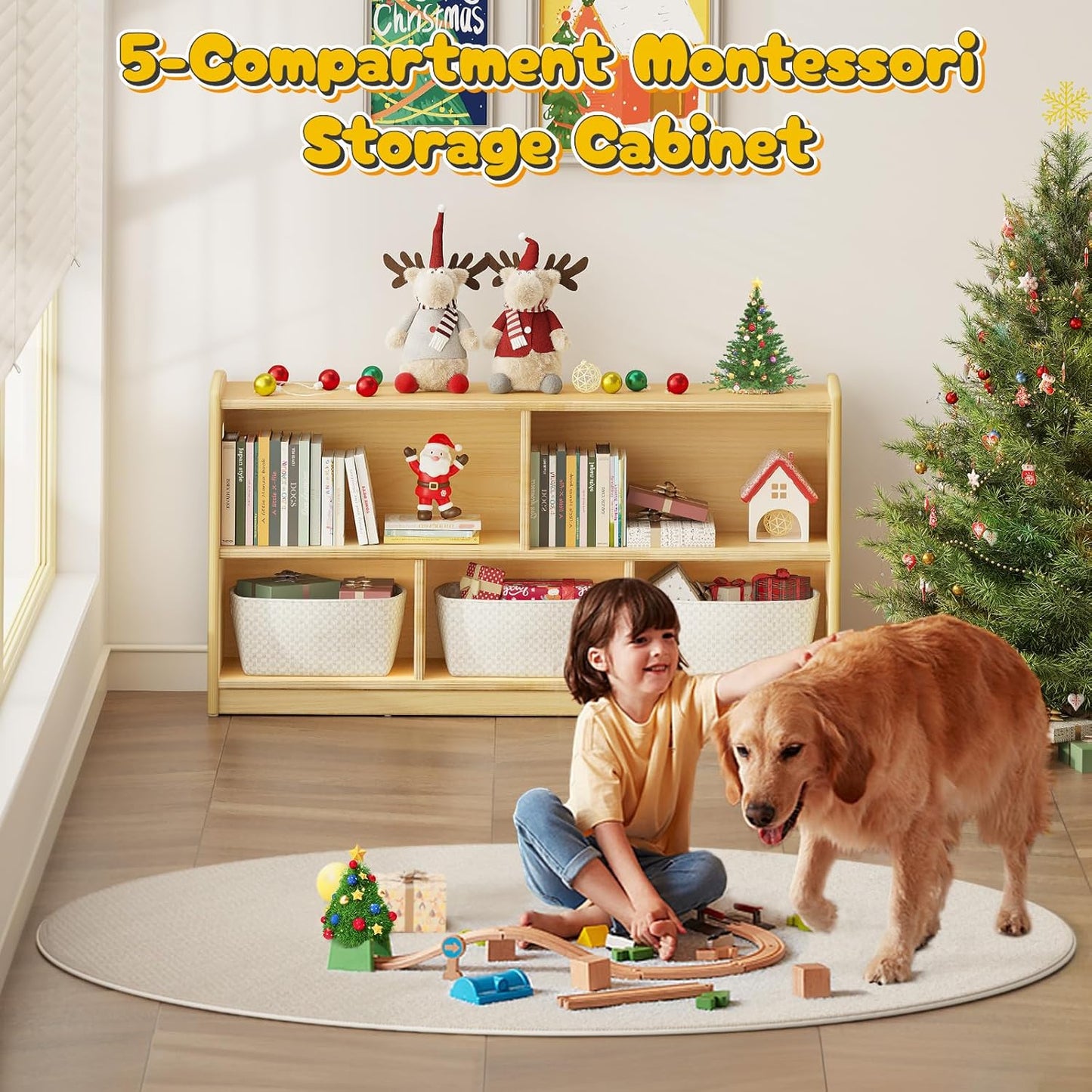 2-Tier Wood Montessori Cabinet for Kids, Toddler Room Book Shelves Toy Organizers and Storage, Small Book Shelf Storage for Baby Children, Furniture of Classroom, Nursery, Playroom