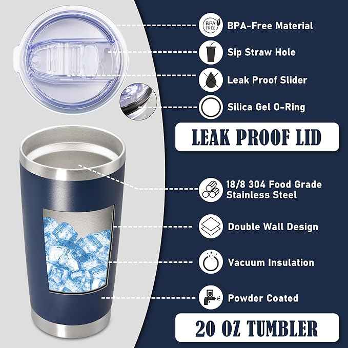 20 oz Tumbler Coffee Travel Tumblers Bulk with Lid Stainless Steel Double Wall Vacuum Insulated Mug Powder Coated Cups fit Car Cupholder for Hot and Cold - Navy, 1Pack