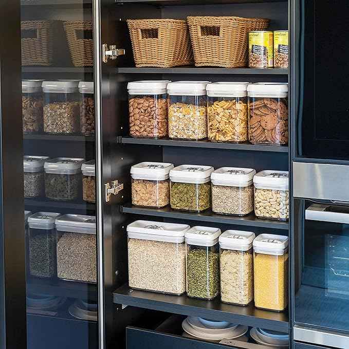 Felli Flip Tite Food Storage Container 5" LARGE 5pk Set + No Residue Label, Airtight Lid Easy Lock Top Stackable, Plastic Canister Jar for Pantry Kitchen Fridge Organizer Pasta Protein Powder Spice