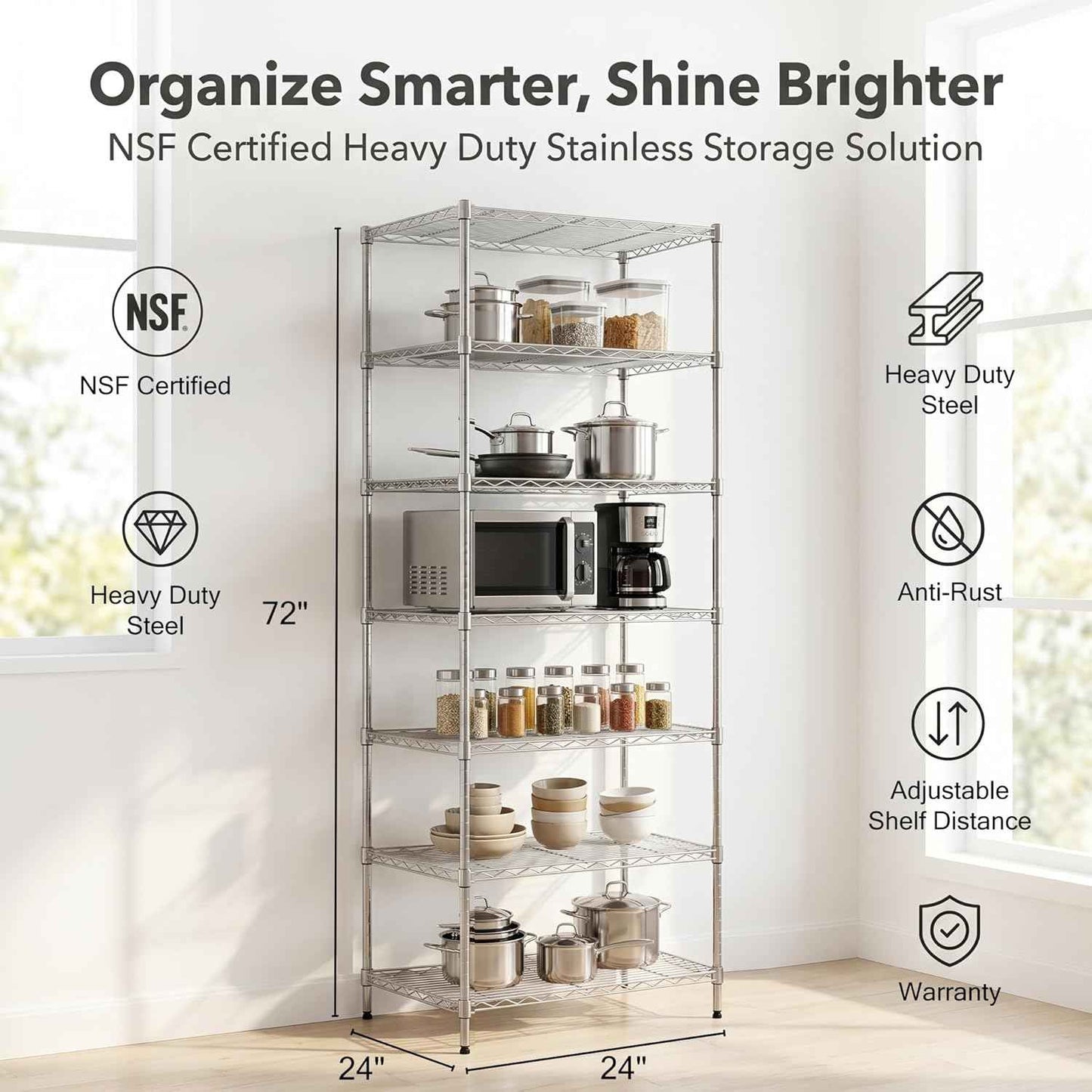 Finnhomy Heavy Duty 7 Tier Wire Shelving, 24x24x72 inches 7 Shelves Storage Rack with Thicken Steel Tube, Pantry Shelves for Storage, Adjustable Metal Shelf Unit, NSF Certified, Chrome