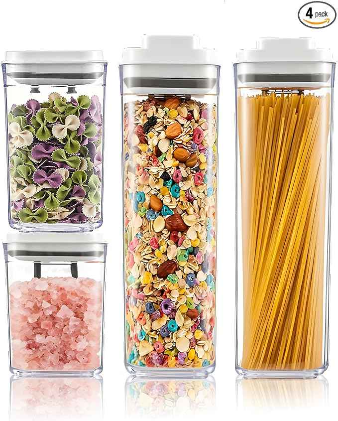 Pop Top Food Storage Container Set | 4Pcs Airtight Cereal Storage Organizer Canisters with Pop Lids, BPA-Free, Vacuum Seal & One-button Opening, Stackable Dry Food Storage(1.9qt*2,0.8qt,1qt