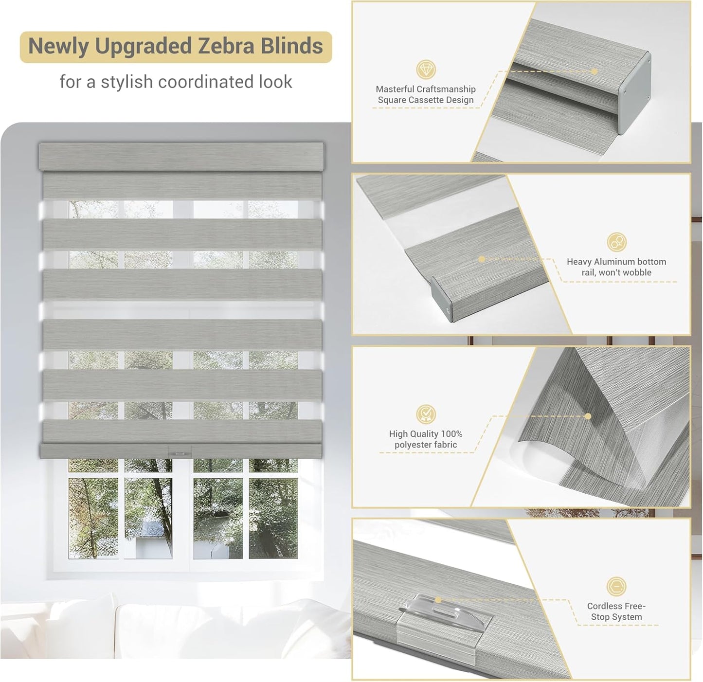 Cordless Zebra Blinds for Windows, Blackout Interior Blinds,Easy to Install,UV Protection,for Offices and Home,Custom Roller Shades, Mousse Light Grey,27" W x 56" H