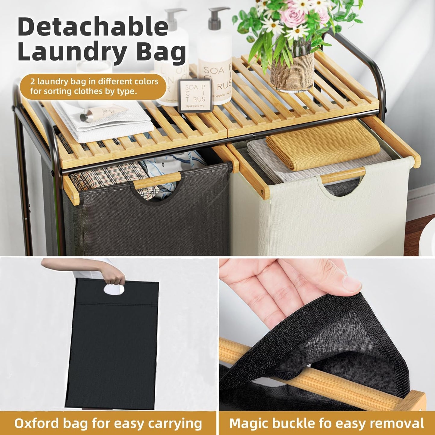 Laundry Hampers 2 Section, Laundry Sorter with Removable Shelf and Pull-Out Bags, Clothes Hampers with Wheels Rolling Cart Basket for Laundry Room Bathroom, 2 x 50 L (Black White) - Lumora Casa