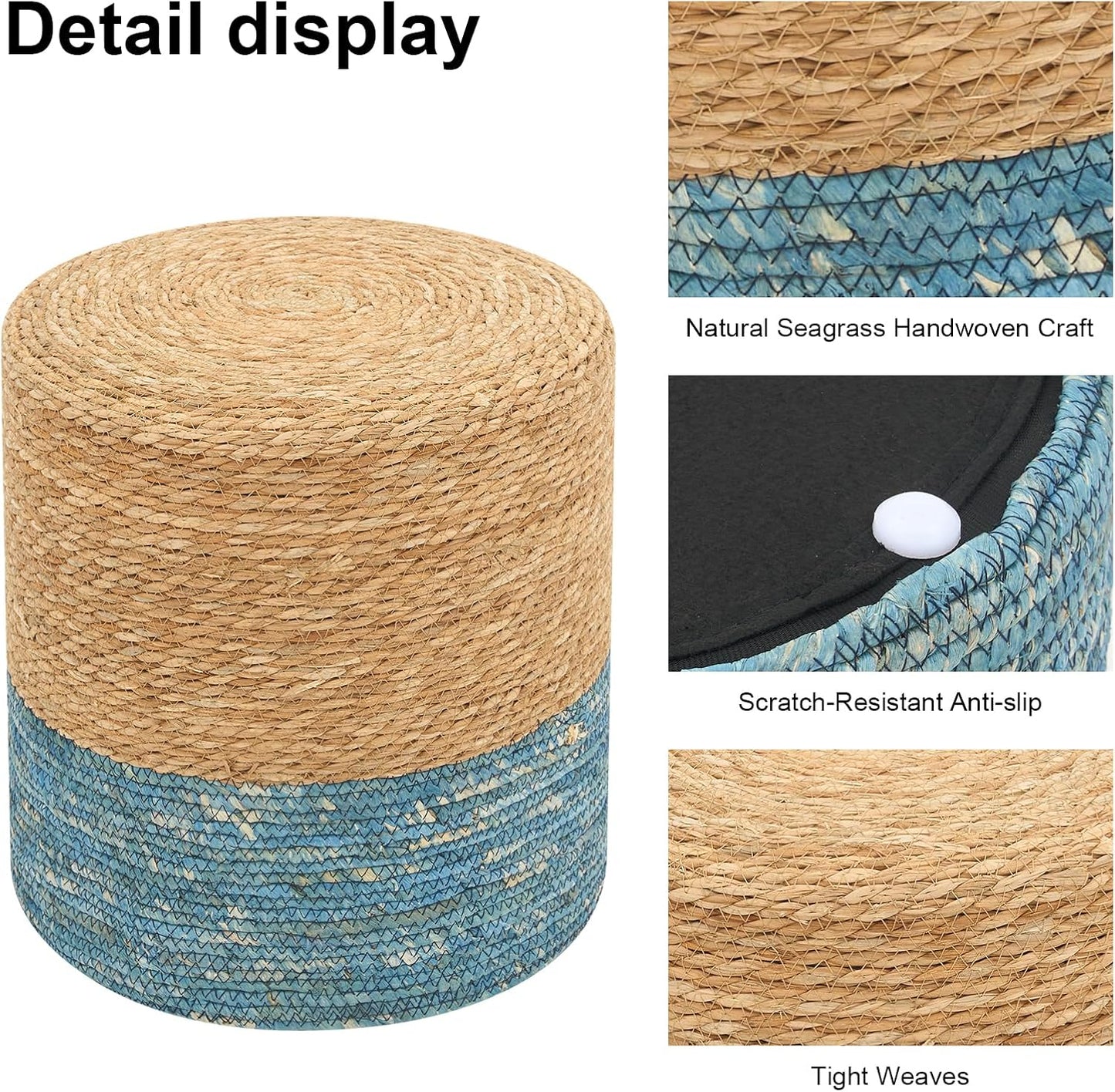 Pouf Ottomans, Handwoven Natural Straw Footstool, Round Braided Outdoor Patio Stool with Wood Frame, Boho Decor Accent Seat Balcony, or Garden (Blue)