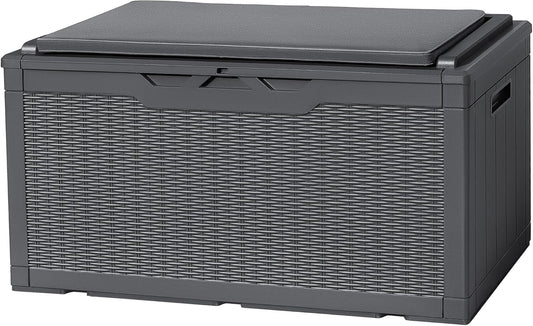 Flamaker Deck Box with Cushion 100 Gallon Waterproof Resin Storage Box with Air Rod Indoor Outdoor Lockable Storage Bench for Patio Furniture, Tools, Pool Accessories (Gray)