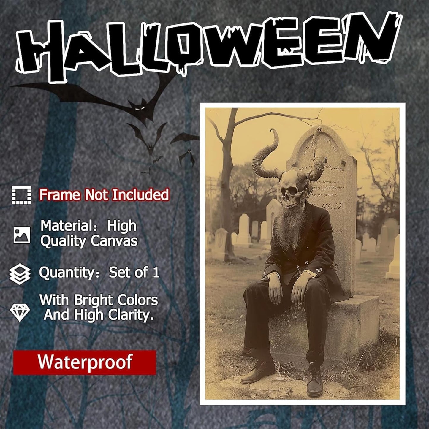 Skeleton Halloween Forest Occult Poster Vintage Spooky Canvas Wall Art Gothic Room Decor Dark Academia Bedroom Decorations Creepy Skull Prints Picture Aesthetic 24X36inch Unframed