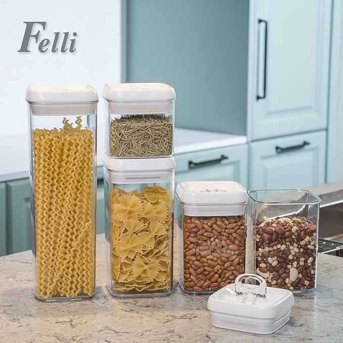 Felli Flip Tite Storage Container with Lid 4" Airtight Ring Seal Top, Stackable Acrylic Canister Jar Set for Kitchen Pantry Organizer, Food Spice Pasta Snack (5pk, Variety)