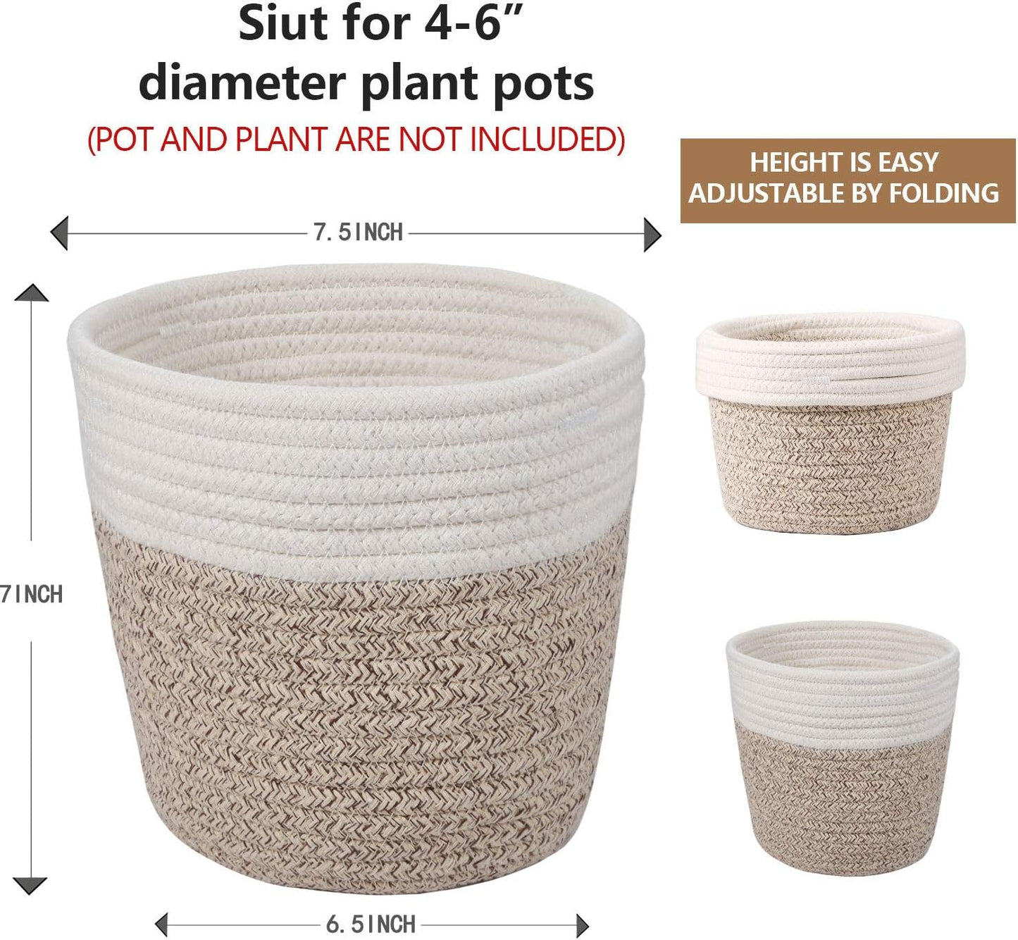 Cotton Rope Plant Basket Modern Woven Basket for 6" Flower Pot Floor Indoor Planters,Rustic Home Decor Storage Organizer H6 3/4" x W6 1/2"