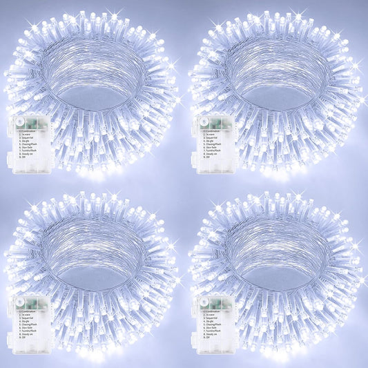 4 Pack String Lights Battery Operated with Timer, 132FT 400 LED Waterproof Battery Twinkle Lights, 8 Modes Fairy Light for Indoor Outdoor Party Bedroom Garland Tree Christmas Decorations (Cool White)