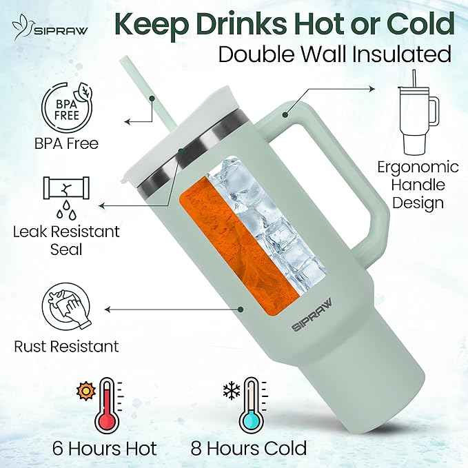 40oz Tumbler with Handle and Straw Insulated Stainless Steel Travel Mug Vacuum Double Wall Coffee Cup Leak Resistant Lid BPA-Free Cup Holder Friendly for Hot & Cold Drinks, Pastel Green