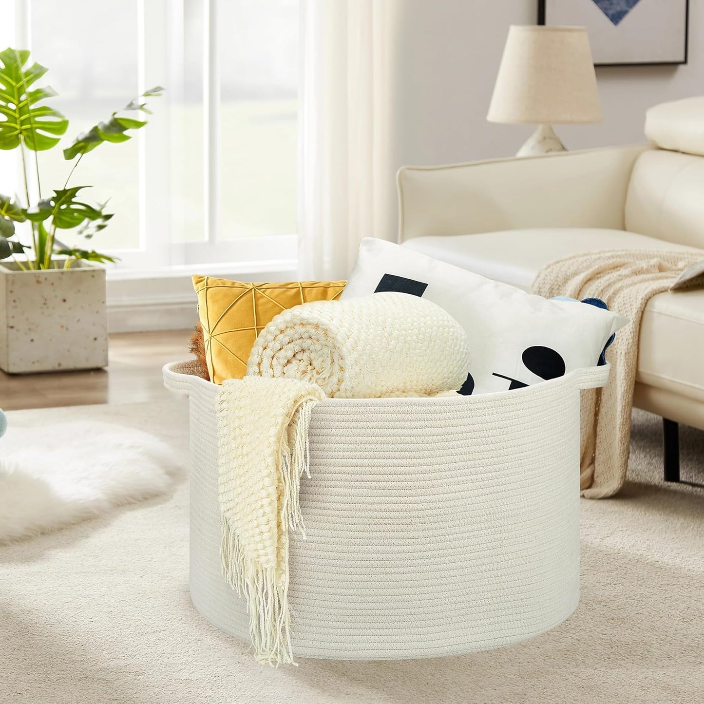 Ravinte Large Storage - 22"x 22"x 14" Blanket Basket for Living Room, Baby Toy Storage, Cotton Rope Woven Laundry Basket (White)