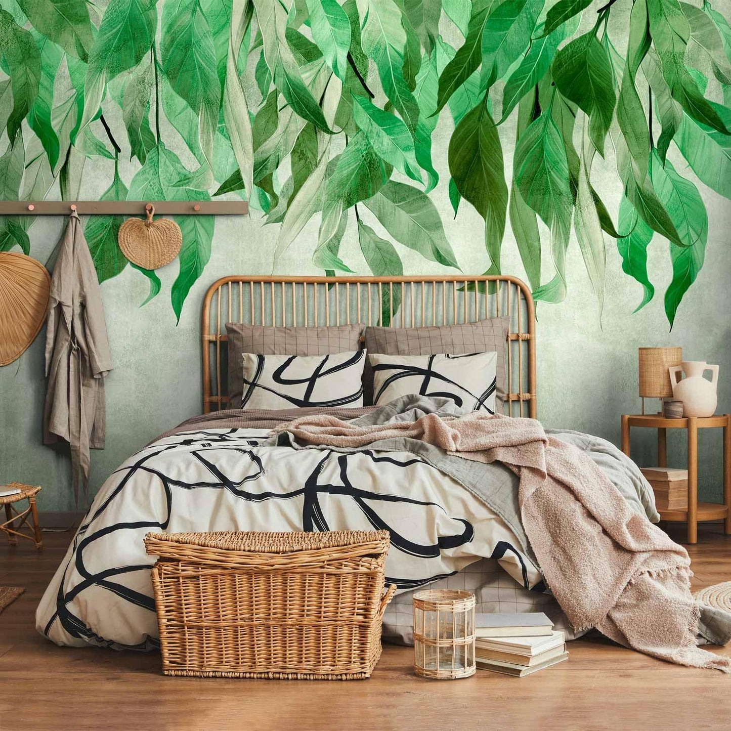 artgeist Wall Mural Hanging Leaves 138x101 in - Non-Woven Wallpaper Fleece Wall Decor Photo Print Picture Image Design Nature Botanical Concrete Green Like Painted b-C-10146-a-a