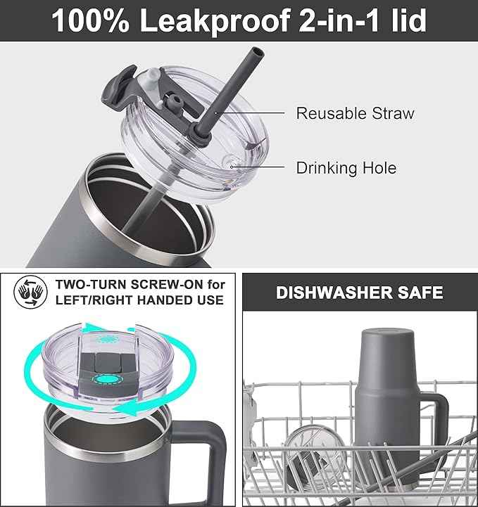 SUNWILL Coffee Tumbler with Handle, 20 oz Travel Mug with Lid and Straw Insulated, Stainless Steel Cup Leak Proof for Travel & Outdoor, Cupholder Friendly, Powder Coated Charcoal
