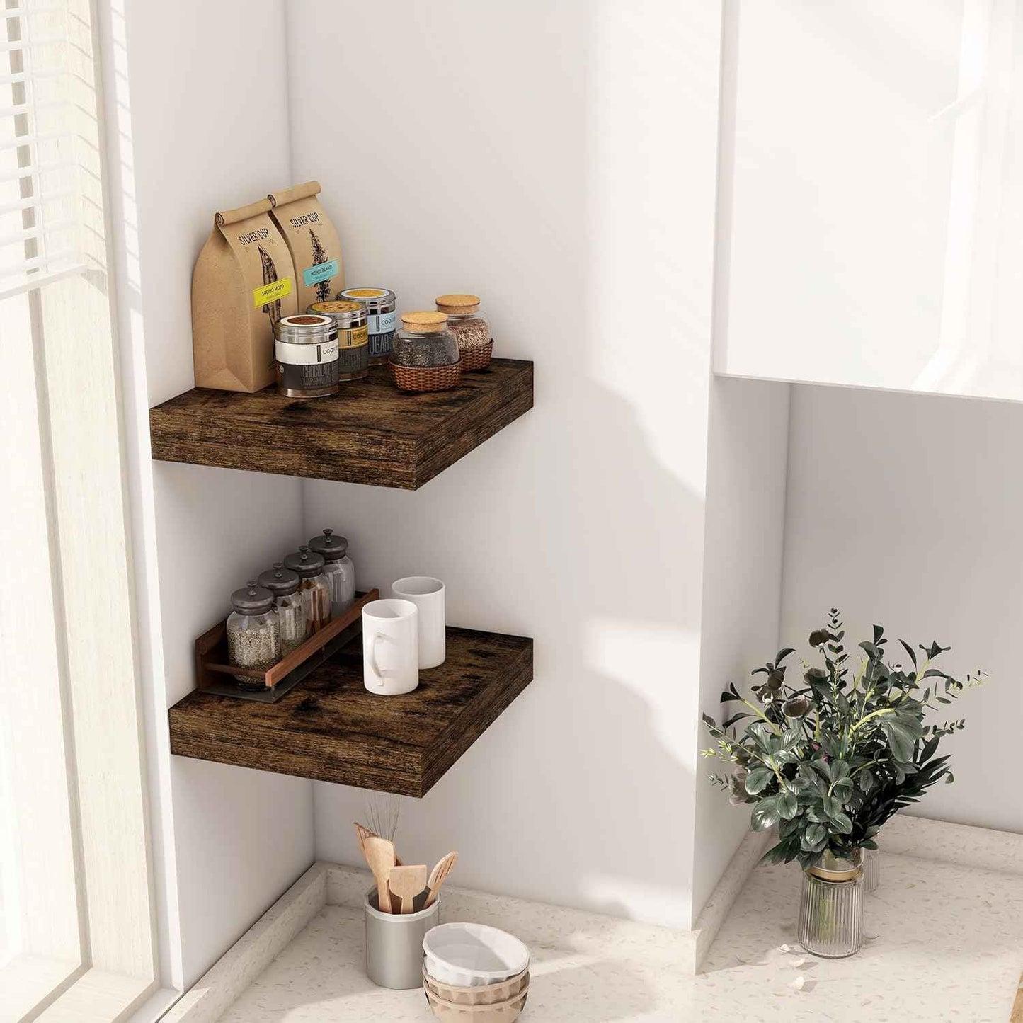 Fun Memories 12 Inch Floating Shelf, Rustic Wood Wall Shelves for Wall Decor & Storage, 12 x 12 Floating Shelf for Living Room, Bathroom, Bedroom, Rustic Brown, Set of 2