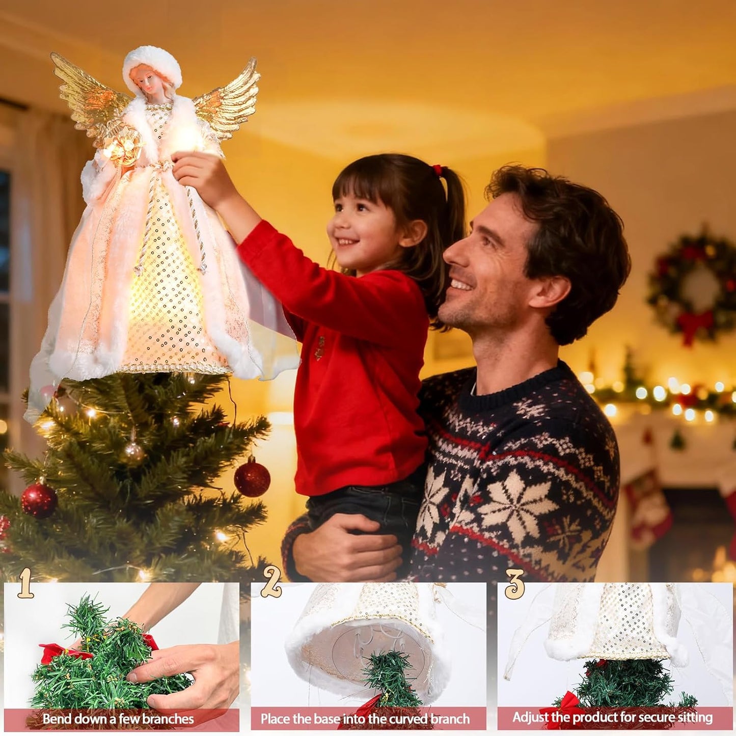 Angel Christmas Tree Topper with Lights, 12 Inch Lighted Angel Xmas Tree Toppers Decoration, Luxury White Fabric Angel Figurine Ornament for Christmas Tree Holiday Party Indoor Decor