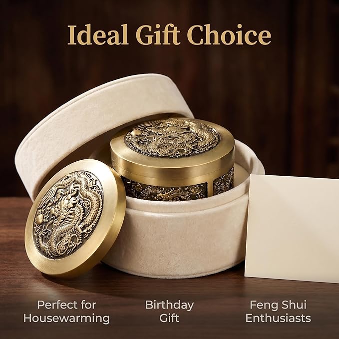 Solid Brass Decorative Bowl with Lid, Gold Metal Key Holder for Entryway Table, Small Catch All Jewelry Box for Rings & Trinkets, Dragon Carving Home Decor Brings Good Fortune