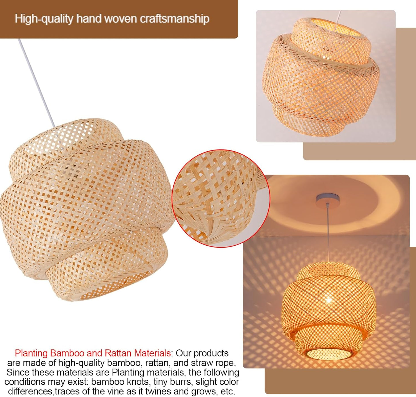 Bamboo Pendant Light,15.75" Hand-Woven Boho Rattan Hanging Lamp,1-Pack Farmhouse Wicker Chandelier for Dining Living Bedroom Kitchen