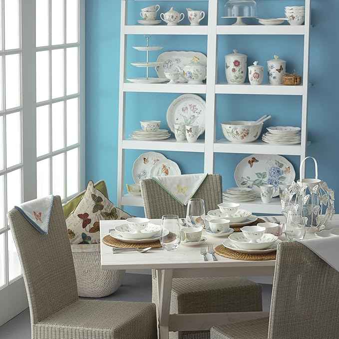 Lenox Pasta Bowls, 20oz Butterfly Meadow Pasta Bowl Set of 4, Service For 4, Porcelain, White Serving Bowls, Wide, Shallow, Lenox Butterfly Meadow Collection, Dishwasher/Microwave Safe (White 4-Piece)