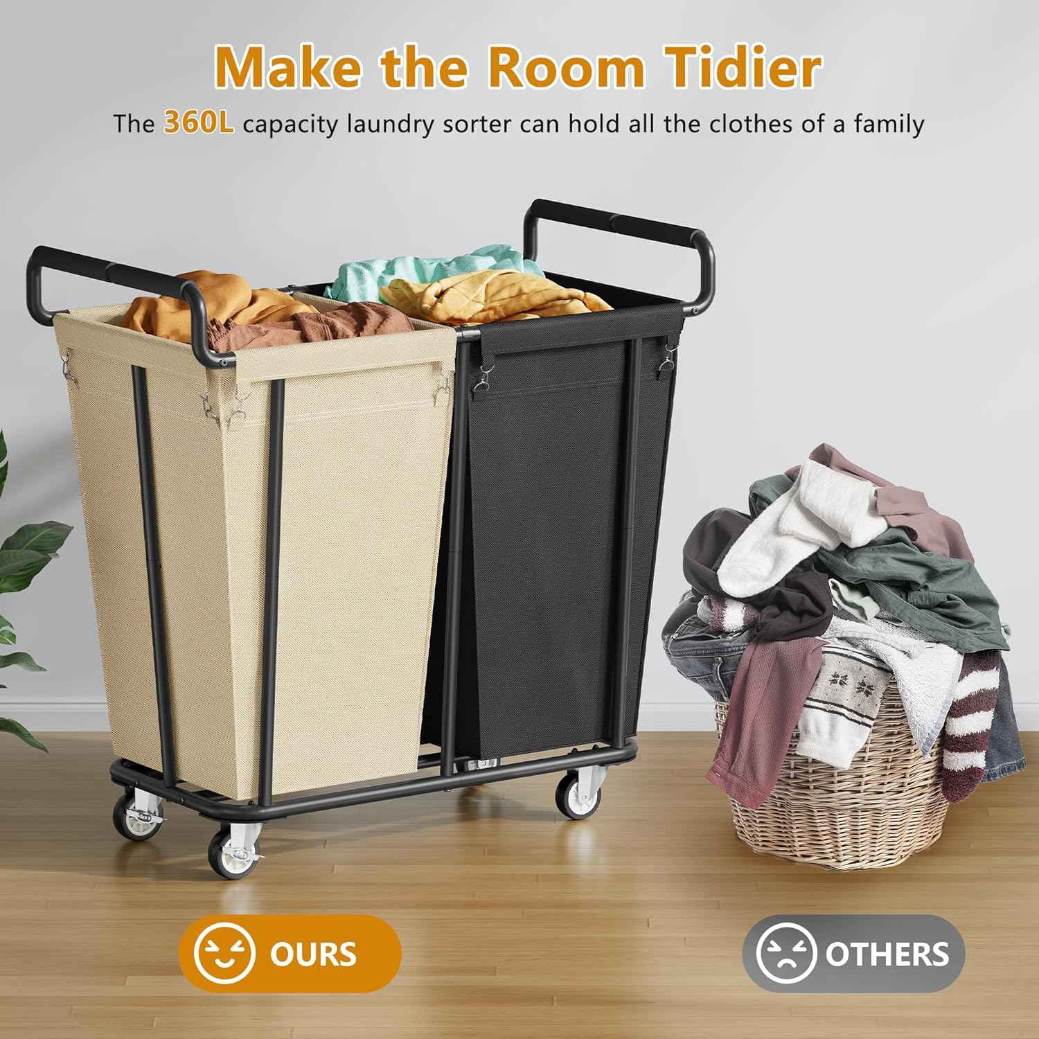 Gewudraw Large Laundry Hamper with Wheels, 2 Bag 360L Big Rolling Laundry Basket Sorter Cart, Extra Large Clothes Hamper, Heavy Duty Laundry Basket Organizer for Laundry Room, Bathroom