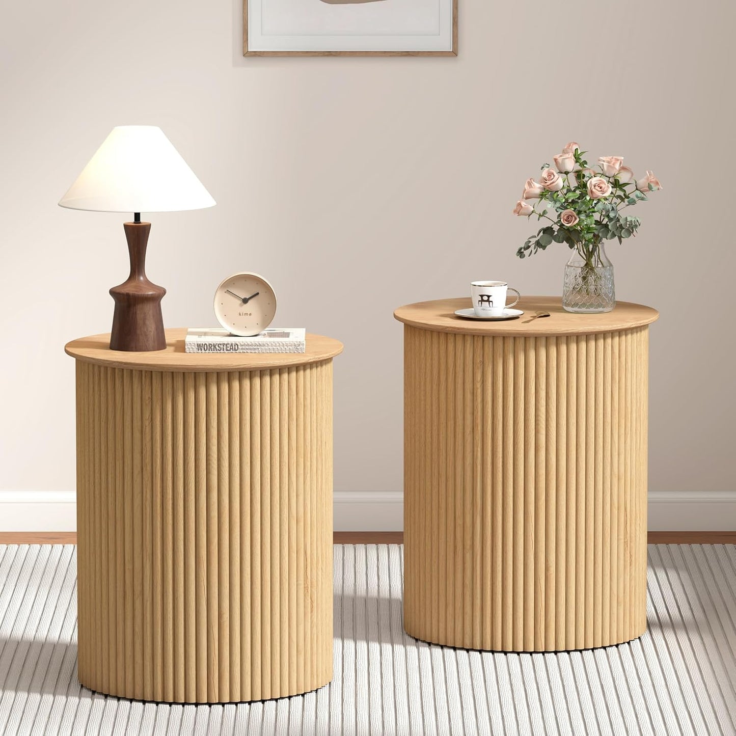 AVZEAR Small Round Side Table Fluted Night Stand Set of 2, Modern Boho End Table with Storage, 17.7" Circle Bedside Tables Wood Nightstands for Small Spaces, Living Room, Bedroom (Natural)