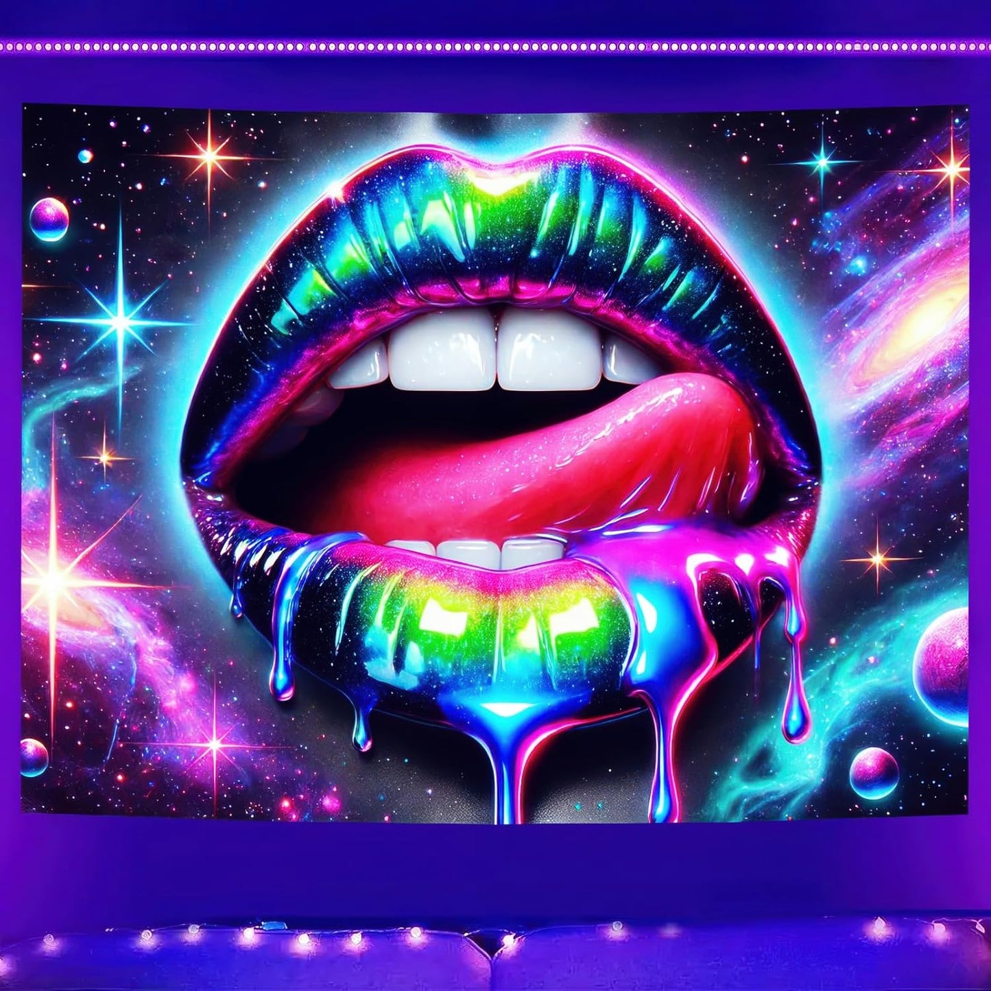 BlissYard Blacklight Tapestry UV Reactive Tapestry Wall Hanging 78x59 Inches Cosmic Rainbow Lips Wall Hanging, Fluorescent Art Decoration for Bedroom, Living Room, and Parties