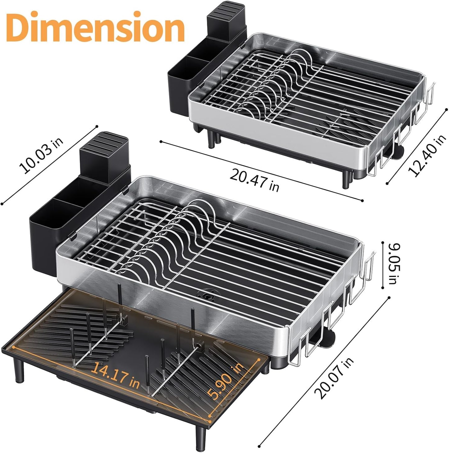Urackify Dish Rack for Kitchen Counter, 304 Stainless Steel Dish Drying Rack, Expandable Dish Drainer, Foldable Dish Strainer with Cutlery Holder, Kitchen Plate Rack (Black, Large Size)