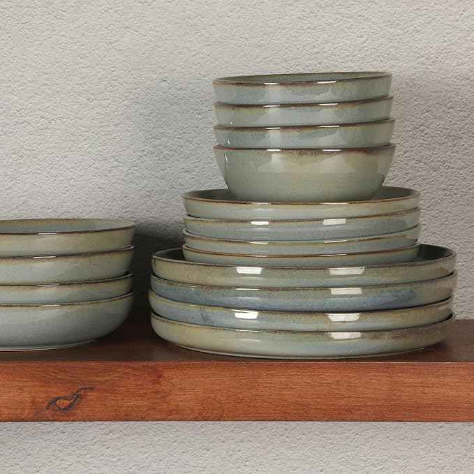 Gibson Elite Berea 16 Piece (Service for 4) Plates and Bowls Reactive Glaze Round Dishes Stoneware Ceramic Dinnerware Set -Green