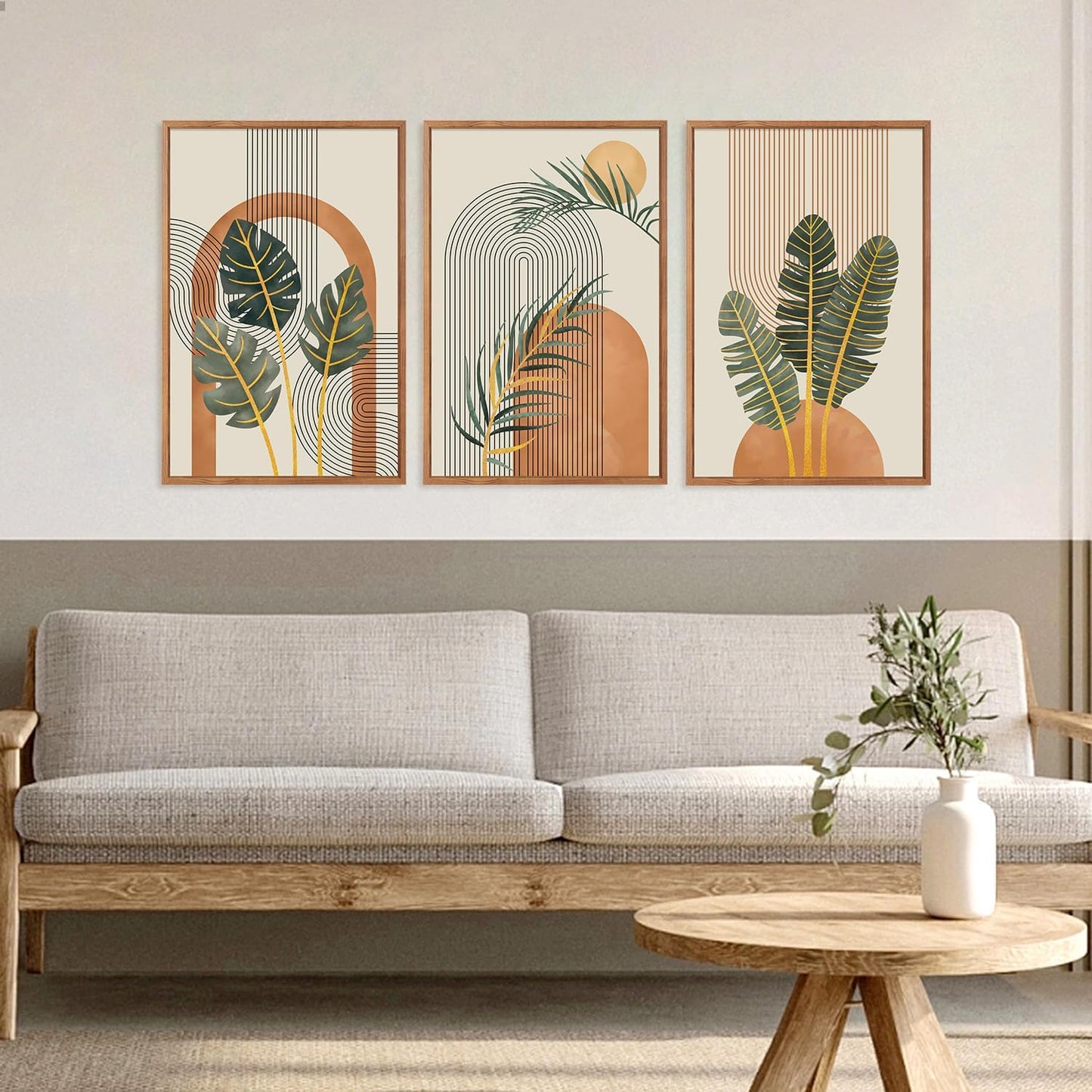 KAIRNE Boho Canvas Wall Art,Tropical Palm Leaf Wall Decor,Mid-Century Geometric Illustrations Set of 3(16”X24”),Abstract Line Pictures,Modern Botanical Prints for Living Room Bedroom Dining Room Decor