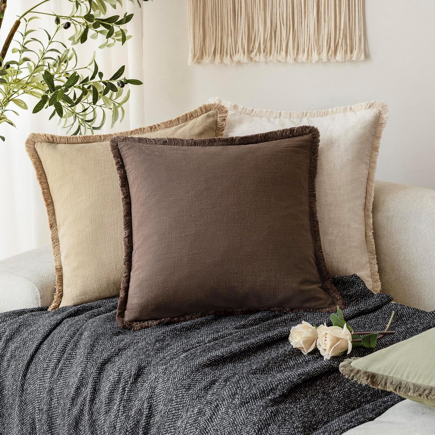 Foindtower Set of 2 Decorative Linen Fringe Throw Pillow Covers Boho Farmhouse Cushion Cover with Tassels Lumbar Accent Pillowcase for Bed Couch Living Room Home Bedroom Decor,12×24 Inch,Reddish Brown