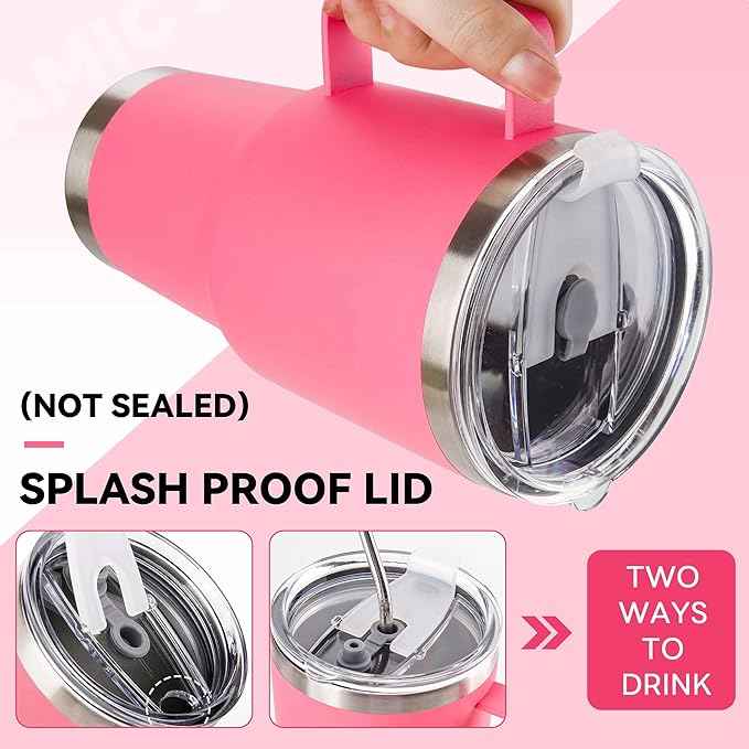 30 oz Tumbler With Handle, Double Wall Stainless Steel Vacuum Insulated Travel Mug with Splash-Proof Lid Metal Straw and Brush (Bright Pink)