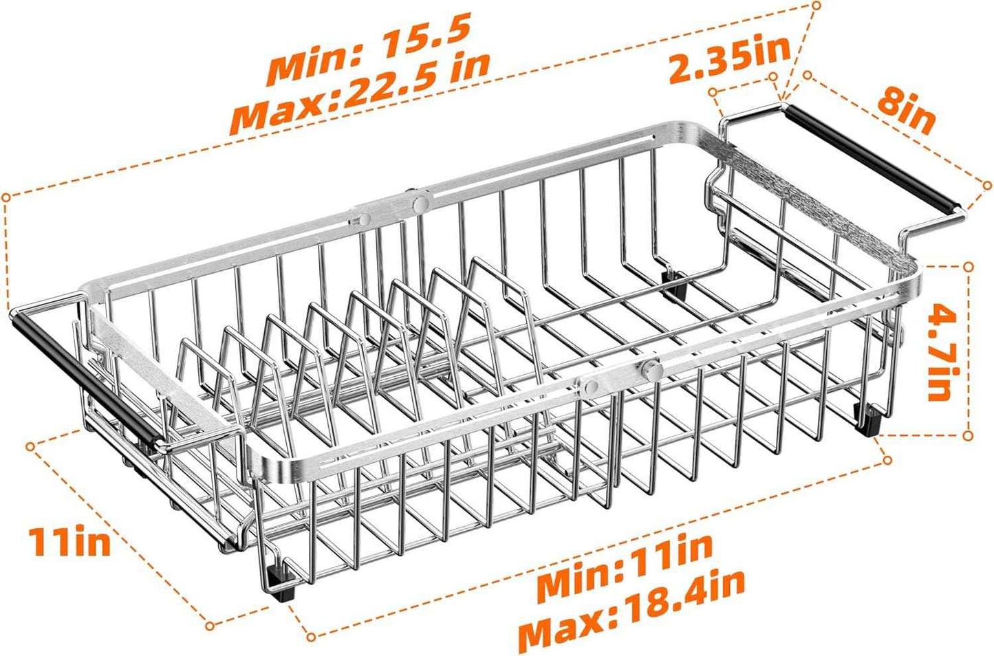 Expandable Dish Drying Rack in Sink,Stainless Steel Over The Sink Dish Drainer Drying Rack for Kitchen Counter,with Utensil Holder,Silver