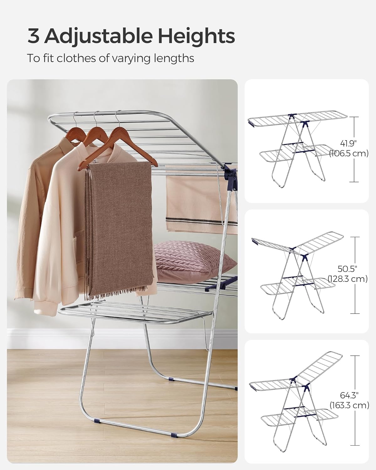SONGMICS Clothes Drying Rack, Foldable 2-Level Laundry Drying Rack, Free-Standing Laundry Airer, with Height-Adjustable Wings, 33 Drying Rails, Sock Clips, Silver and Blue ULLR53BUV1