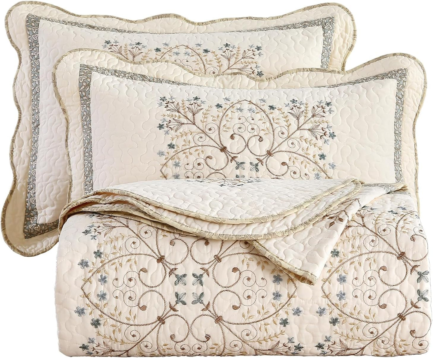 vctops Elegant Embroidered Quilt Set Farmhouse Patchwork Full/Queen Size Reversible Bedspread Coverlet 3 Piece Cotton Quilted Bedding Set for All Season, 1 Quilt + 2 Pillow Sham (87x94 in)
